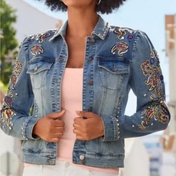 Boston Proper Paisley Embroidered & Embellished Puff Sleeve Denim Jacket - Picture 1 of 12